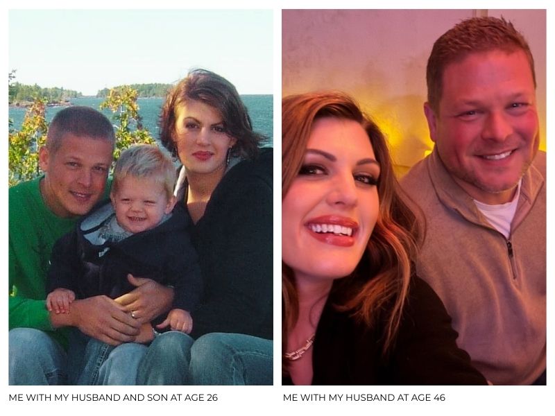 A comparison photo of the writer with her family at age 26 and 46, showing the importance of still looking like your authentic self.