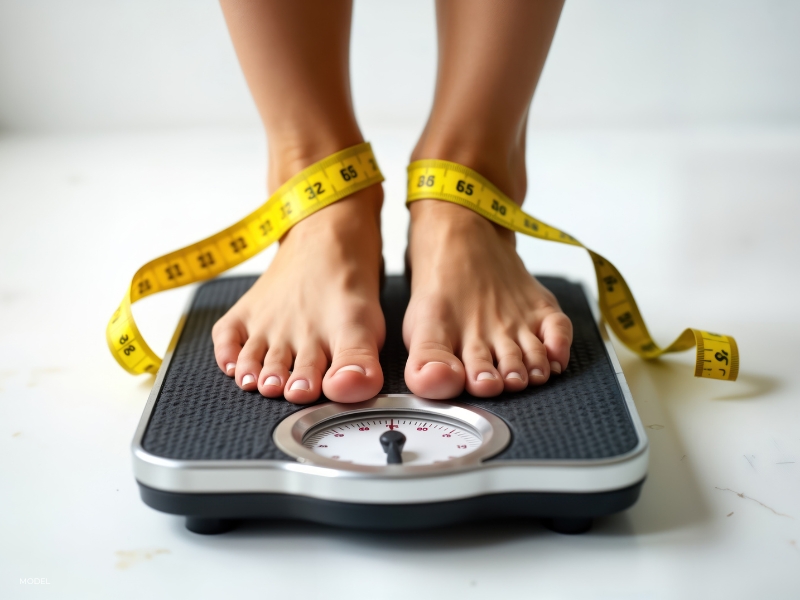 A patient on the scale after weight loss ready to take the next steps and consider plastic surgery.